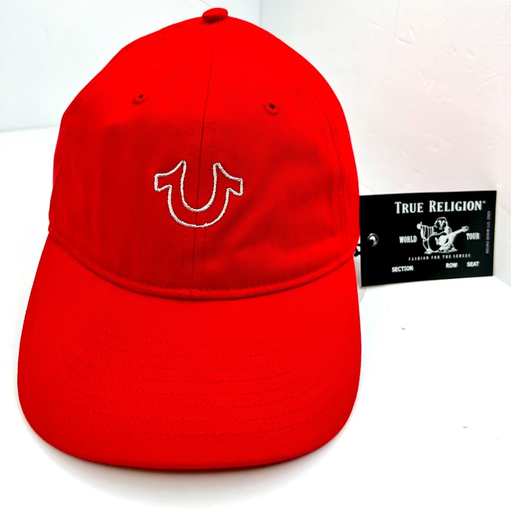 TRUE RELIGION CAP/HAT, RED HORSESHOE LOGO EMBROIDERED IN SILVER, ADJ. STRAP